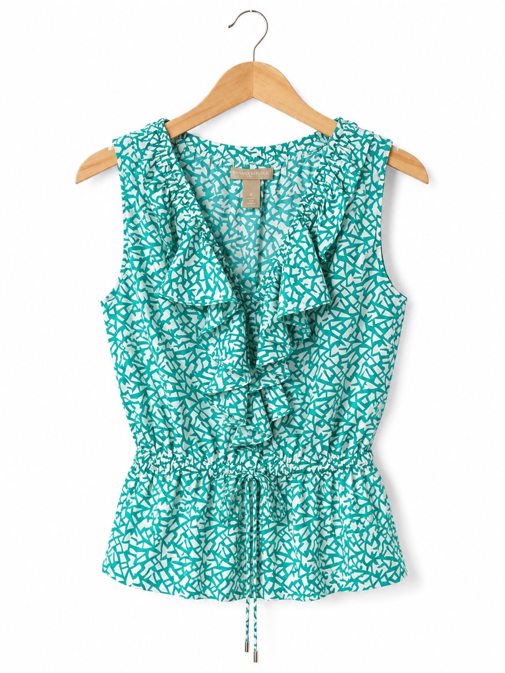 Banana Republic Teal White Print Ruffle Sleeveless Blouse Drawstring Medium